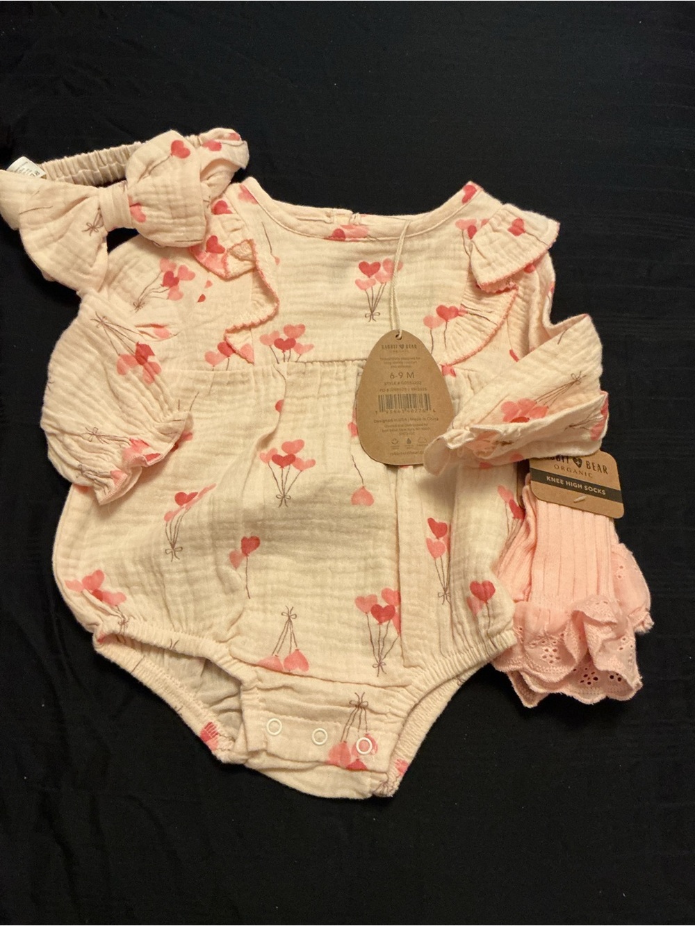Rabbit & Bear Organic Baby Romper in Soft Cream with Pink Hearts